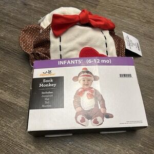 Infant Sock Monkey Halloween Costume 6-12 Months Jumpsuit Hat Tail No Booties
